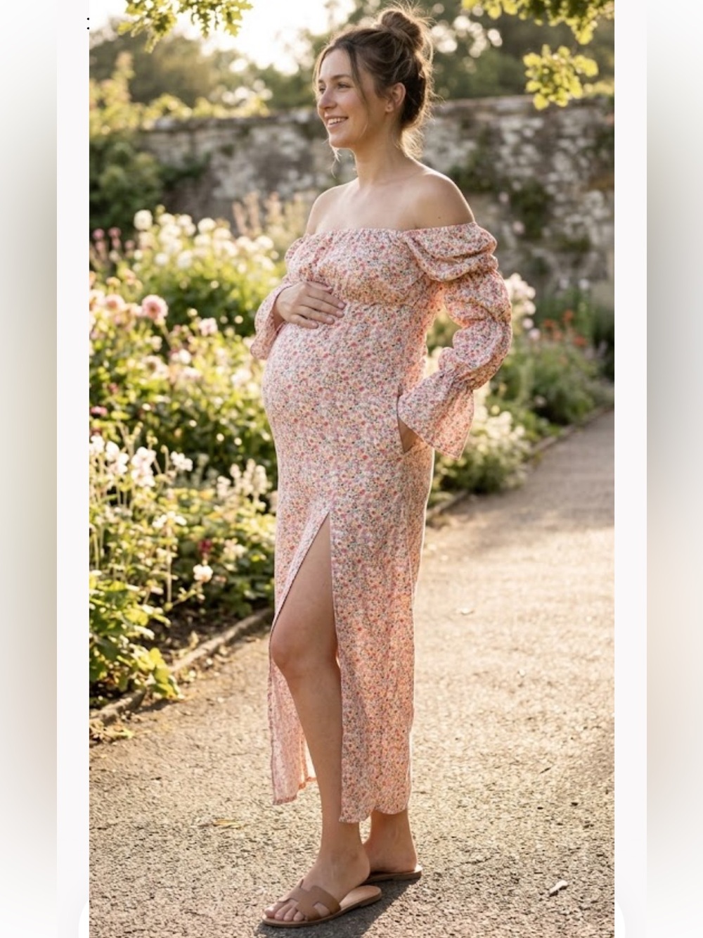 PrettyLittleThing Pink Floral Off-Shoulder Maternity Maxi Dress with Slit